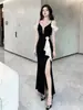 Elegante Vestido Largo de Tirantes Finos con Mangas Volantes Estilo Socialité Vestido para Ser Anfitriona en Fiesta Nocturna Bodycon Ajustado al Cuerpo Vestido con Abertura para Mujer