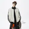 Sudadera cárdigan texturizada con raya vertical bordada para hombre, primavera, resistente, con textura, cuello alto, corte holgado, chaqueta deportiva casual