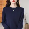 Suéter de malha 100% algodão para primavera e outono, com gola redonda, cor sólida, manga longa, fino, pulôver solto para usar em camadas, para mulheres