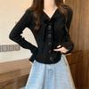 Cardigan de malha com decote em V de veludo vermelho Andi, com laço e orelha de madeira, novo suéter curto slim fit para mulheres