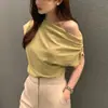 Chic Coreano2025 Verano Francés Hombro Asimétrico Diseño Holgado Color Sólido Suéter Camiseta de Manga Corta para Mujer Tendencia