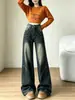 Calça jeans solta, levemente flare, para mulheres, nova coleção de outono, apresentando um design retro americano, acabamento lavado e desgastado, e um estilo de cintura alta e perna larga.