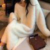 Vestido Suéter Suave Tipo Cera Estilo Celebridad Transfronterizo 2025 para Mujer Otoño e Invierno Nuevo Vestido Largo de Punto con Cuello en V de Terciopelo Imitación de Visón