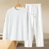 Conjunto de Moletom de Algodão com Gola Redonda para Outono Masculino Cor Sólida Moletom Solto e Conjunto de Calça Jogger Casual Simples Conjunto Esportivo