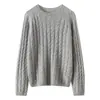 Suéter Feminino de Caxemira com Manga Raglan, Gola Redonda Pulôver, Suéter Vintage de Tricô Trançado e Tricô de Seda, Suéter Base Versátil de Cor Sólida