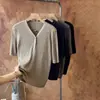 [Procesamiento Personalizado] Camiseta de Punto de Seda de Alta Gama con Cuello en V Manga de Cinco Cuartos Sencilla Camisa Base de Punto de Color Sólido para Mujer