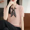 Camiseta de Tricô com Gola Reversível e Lenço de Seda Embelezado para Mulheres, Estilo Fino de Verão, Camiseta Top Emagrecedor Jacquard de Seda Gelada de Alta Qualidade