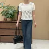Camiseta de Manga Corta Estilo Chanel para Mujer, Diseño de Verano, Estilo de Nicho, Top Corto de Punto de Seda Helada Hueco para Mujer Petite, Tiro Alto