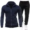 Novo Moletom Esportivo Masculino com Zíper e Gola Alta Jaqueta Moletom Masculino Cor Sólida Cardigan Calça Longa Conjunto Casual Esportivo
