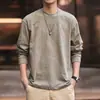 Camiseta de Algodão de Manga Longa Retrô Bambu com Estampa de Veado para Homens, Marca Tendência de Outono, Camiseta de Algodão Simples Casual Solta para Homens