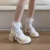 Primer Encuentro Temporada Blanca Tacones Altos Suaves Zapatos de Boda para Mujer con Cierre de Velcro Lazo Zapatos de una Sola Pieza Suela Gruesa Zapatos Mary Jane Bajos