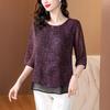 Foto Real de Nova Blusa Feminina de Chiffon com Mangas Médias Plus Size, Novo Estilo para o Início da Primavera, Roxa, Elegante e Estilosa, Top de Corte Solto