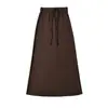 1654-26 Falda midi línea A de otoño estilo americano, de cintura alta, adelgazante y de corte relajado, con abertura trasera y cordón