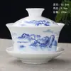 Venta al por mayor de fábrica juego de té kung fu cuenco con tapa de cerámica taza de té tres cuencos porcelana azul y blanca cuenco de té se puede personalizar logo