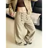 Comércio Exterior Retrô Americano Reto Solto Botão de Fechamento Roupa de Trabalho Feminina Design Ajustável Senso de Estilo Calça Longa de Perna Larga Jeans Tendência Masculino