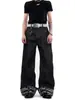 Jeans retro americanos de pierna ancha con remaches para hombre con remaches metálicos en los bolsillos traseros, dobladillo enrollado, diseño estampado, corte holgado, pierna recta, pantalones de largo hasta el suelo