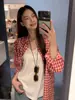 Camisa Xadrez Vermelha Cardigan Francês Camisa Feminina Primavera e Verão Nova Manga Longa Solta Versátil Top Jaqueta