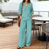 En stock 2026 nueva ropa de mujer para comercio exterior transfronterizo, suéter casual de punto con cuello en V y manga larga con pantalones largos de algodón lavado, disponible en varios colores