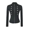 Chaqueta corta de doble botonadura con cuello mao Napoleon para mujer, otoño, retro americano, con cremallera, top casual versátil