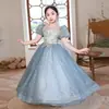 Vestido azul de menina Vestido de Princesa Verão 2023 nova temporada de abertura apresentação manga bufante doce fantasia de piano