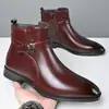 Botas Quadradas de Couro Masculinas de Tamanho Grande Transfronteiriças Estilo Britânico Formais de Negócios Botas Curtas Textura de Couro Genuíno Zíper Lateral Sapatos de Couro de Cano Alto
