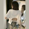 Camiseta Curta Sem Costas para Mulheres com Costas Vazadas, Top Coreano Feminino de Verão com Gola Redonda, Solto e de Manga Curta