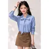 Camisa de Rayas Azules con Pajarita para Mujer, Manga Larga, Top Elegante, Rayas Finas, No Elástica