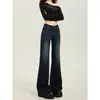 Calça jeans boca de sino azul escuro para mulheres, moderna e versátil, nova calça pantalona de cintura baixa estilo americano