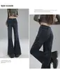 Calça Jeans Feminina Flare de Cintura Alta, Jeans Lavado Elástico com Detalhes Plissados, Modelagem Slim, Bootcut, Venda Direta da Fábrica