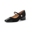 Elegante Retro Dourado Fivela Redonda Pequena Couro de Vaca Mary Jane 2024 Primavera Salto Médio Grosso Biqueira Quadrada Tira Completa de Couro Genuíno Sapatilhas para Mulheres