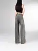 Calça Jeans Rasgada Plus Size para Mulheres, Outono Fina Solta Cinza Cimento Emagrecimento Cintura Alta Reta Perna Larga Tendência