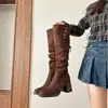 Botas Chuyuji de Ante Retro de Dos Formas Plegables de Tacón Alto Apilado, Botas Largas con Suela Gruesa y Tacón Grueso, Estilo Occidental Maillard Marrón