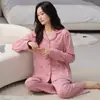 Conjunto de pijama de algodón de manga larga y pantalón largo para mujer, con cuello camisero y estilo cárdigan, talla grande, adecuado para primavera y otoño, conjunto de ropa de casa dulce y lindo