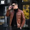 Jaqueta de couro legítimo Haining, estilo curto masculino, couro bovino de primeira camada, com gola alta, jaqueta de couro casual slim fit, vestuário externo masculino