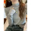 Camiseta base de punto con cuello semialto acanalado para mujer, top interior básico ajustado, suéter blanco primavera otoño invierno 2026