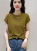 Nova moda solta manga curta top feminino gola redonda cor sólida design senso nicho pequena manga voadora camiseta feminina preto branco