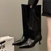 Botas de Cuero Suave con Tacón de Gatito y Punta Fina, Color Borgoña, Caña Ancha, Hasta la Rodilla, Otoño Temprano, Caña Alta, Botas Largas, Botines de Moda para Mujer