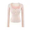 Camiseta de manga larga de encaje dulce estilo coreano con cuello cuadrado y diseño de pliegues en el pecho, nueva camiseta corta ajustada de otoño para mujer