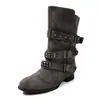 Botines retro de tacón grueso Chuyuji para mujer, Botas estilo Martin británico con remaches y hebillas de cinturón, Botas anchas para mujer con efecto desgastado