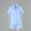 Conjunto de dos piezas de algodón puro a rayas para mujer, manga corta y shorts, suave y cómodo, para dormir y estar en casa, nuevo, europeo y americano, transfronterizo 2026