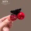 Pinza para el pelo de moda de cereza roja para Año Nuevo para mujer, Elegante pinza de media sujeción tachonada de pedrería, Accesorio para el pelo para fijar la cola de caballo