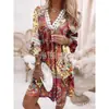 2025 Nova Roupa Feminina Exportação Transfronteiriça Amazon Aliexpress Mais Vendida Decote V Solta Manga Longa Estampada Vestido Primavera