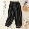 Pantalones Harem de Encaje Bordado Casual de 4 Colores Estilo Primavera 2026 Retro Artístico Pantalones Cortos de Algodón y Lino Talla Grande Sueltos Pantalones para Mujer