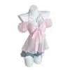 Camiseta de Muñeca con Mangas Abullonadas y Cintura Ajustada Estilo Y2K para Mujer, Estilo Europeo y Americano, Verano Dulce Chica, Cuello Halter Hombros Descubiertos Adelgazante Moño Rosa