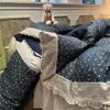 Juego de falda de cama de cuatro piezas con volantes de encaje vintage estilo francés, algodón puro lavado ultrasuave, juego de tres piezas para dormitorios de estudiantes