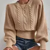 Nueva colección transfronteriza de otoño e invierno: suéter tejido de punto trenzado para mujer, de corte holgado, con mangas tipo linterna, color liso y cuello redondo, una prenda moderna y versátil