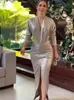Otoño 2025 Nuevo Diseño de Moda Europea y Americana Transfronterizo Amazon para Mujer Vestido de Color Sólido con Escote en V y Cintura Ceñida