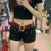 Shorts jeans pretos estilo americano, sexy, com rebites, cintura baixa, slim fit, slim fit, linha A, para mulheres, estilo hot girl