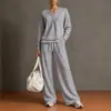 Conjunto de Moletom com Capuz Cor Sólida e Calça Wide Leg Estilo Europeu Feminino Outono Inverno Casual Conjunto de Duas Peças Manga Longa Cordão Solto