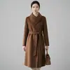 Abrigo largo de lana de alta gama, negro, de doble cara, para otoño e invierno, con cuello envolvente, cinturón de corbata, efecto adelgazante, elegante estilo de lana hasta la rodilla